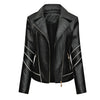 Women’s Black White Stripes Racer Genuine Sheepskin Asymmetric Café Racer Motorcycle Sporty Slim Fit Leather Jacket - Leons.pk