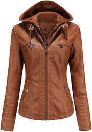 Women Removable Hood Faux Leather Jacket Women's Moto Biker rider Coat - Leons.pk