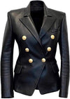 Kim Kardashian Double Breasted Fancy Buttons Black Lambskin Leather Blazer - Slim Fit Coat Style Leather Jacket for Women - Leons.pk